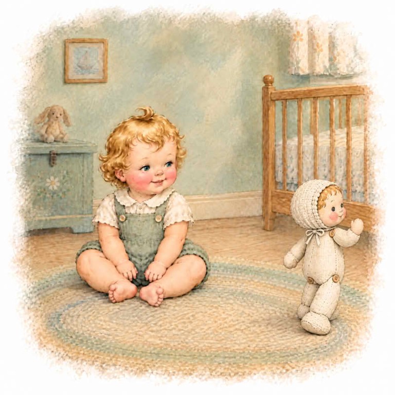 Illustration d'un bébé qui regarde sa poupée lui dire au revoir et partir